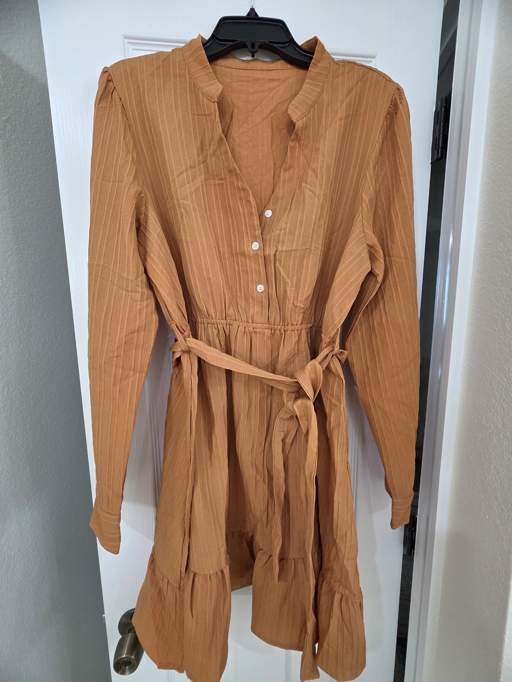 Cupshe Rust-Orange Striped Long Sleeve Tiered Shirt Dress with Tie Waist